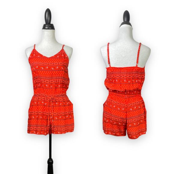 Old Navy NWT Orange Printed Tie Waist Spaghetti Strap Cami Shorts Romper - Picture 1 of 10